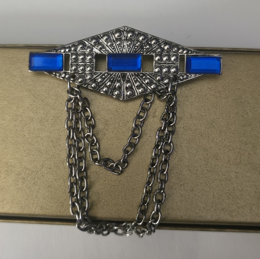 Vintage Brooch Silver Tone Blue Rhinestones Drop Chains